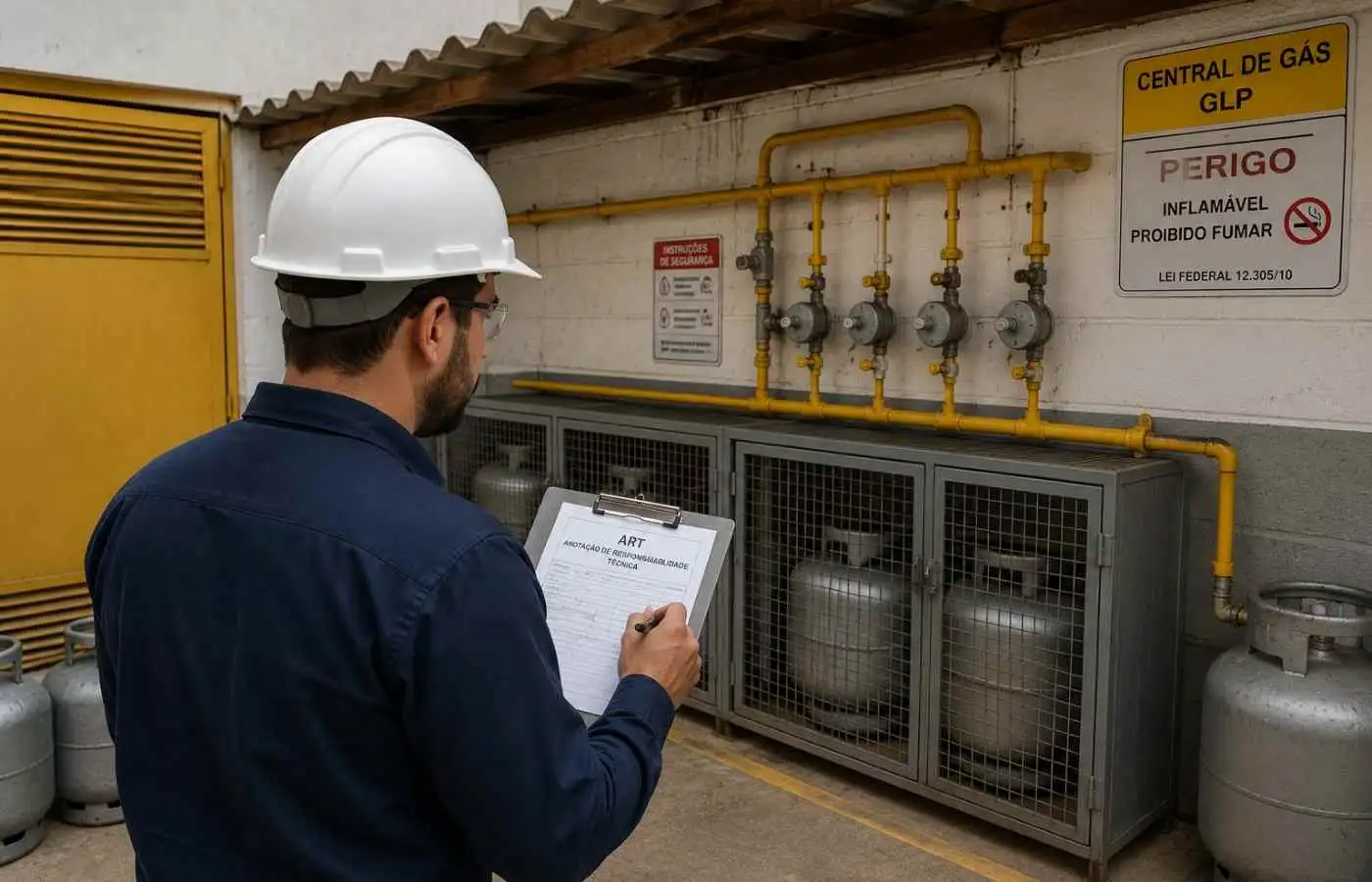 Engenheiro analisando documentação para ART e regularização de instalação de gás